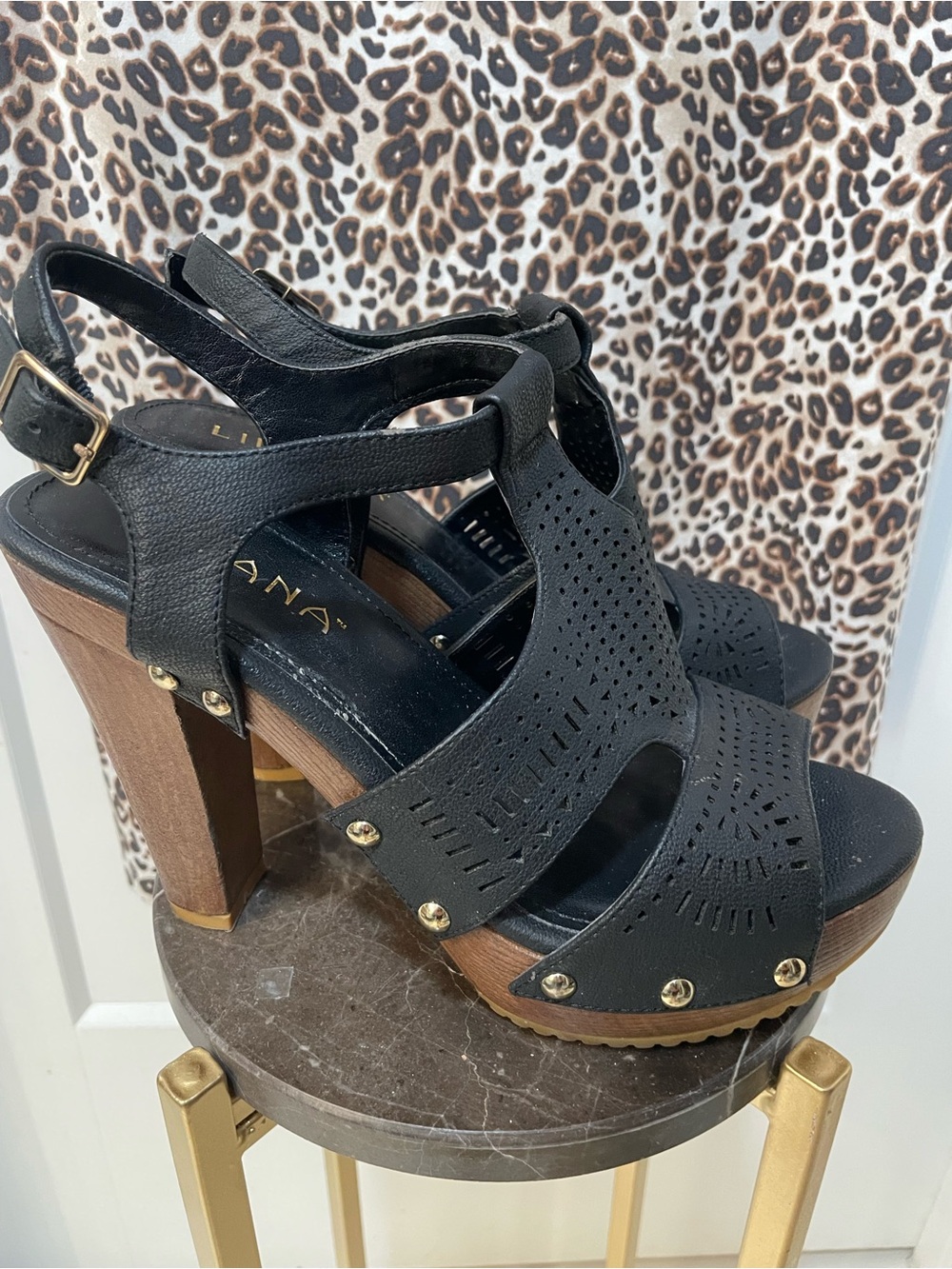 Liliana Black Perforated T-Strap Platform Wedges